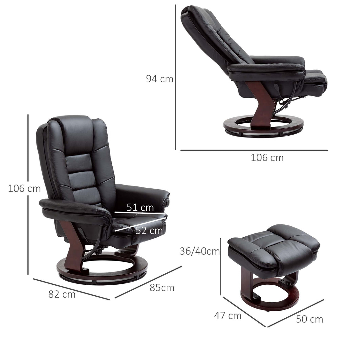 Recliner Chair With footstool, Recliner Armchair up to 130kg Weight Capacity, 135° Reclining Swivel Sofa Chair, PU Leather Ergonomic Couch Bed with Swivel Wood Base for Living Room, Black