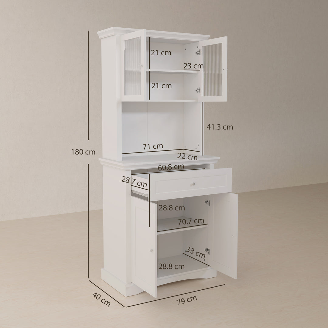 4-Door Kitchen Cupboard with Drawer, Freestanding Kitchen Cabinet with Glass Doors, Adjustable Shelves and Open Counter, White