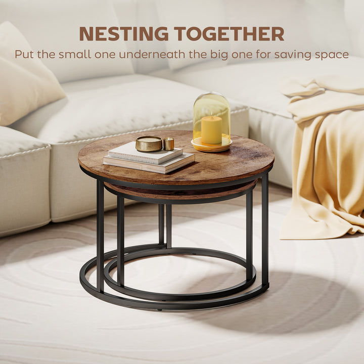 MCL Coffee Table Set of 2, Round Nest of Tables with Metal Frame, Modern Side Tables for Living Room, Rustic Brown