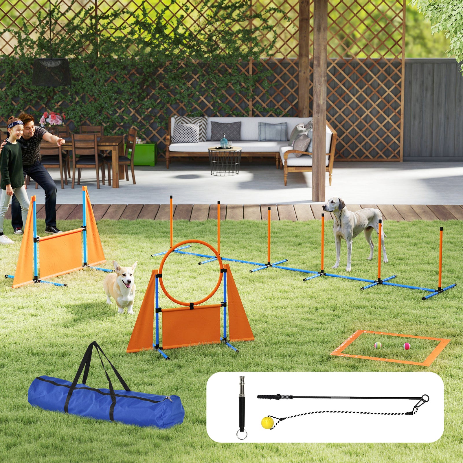 Seven-Piece Dog Agility Equipment Set with Weave Poles, Jump Ring, Hurdle, Pause Box, Carry Bag, Orange