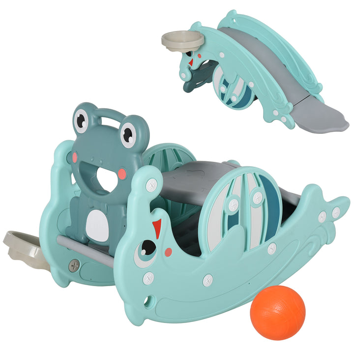 MCL 3-in-1 Baby Rocking Horse Portable Slide Basketball Hoop Equipment Indoor Outdoor Playground Toy, Age 18-36 Months, Green