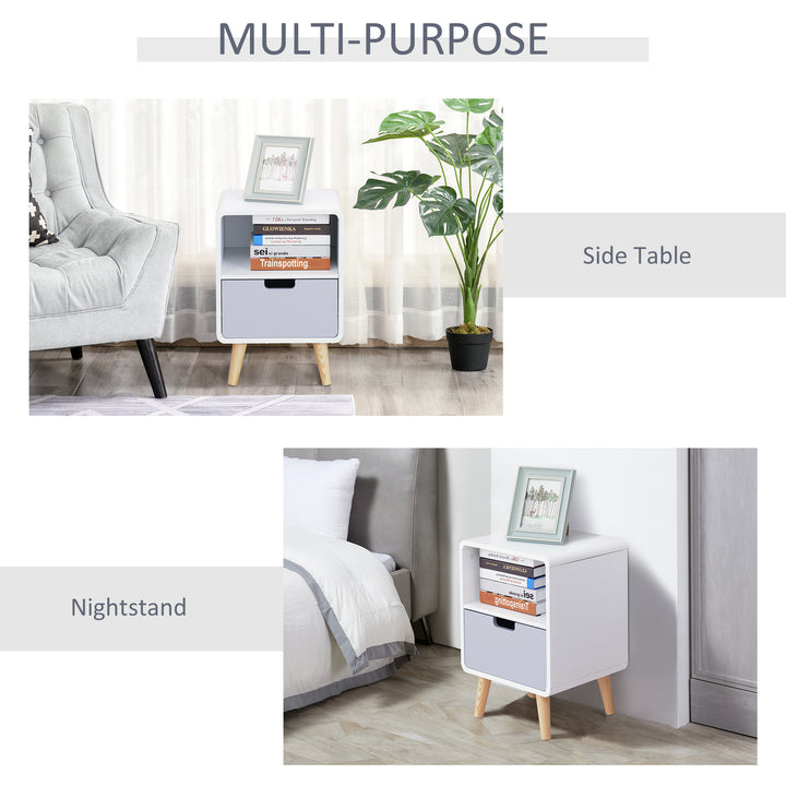 HOMCOM Bedside Cabinet in Scandinavian Design, Storage Nightstand with Drawer, White/Grey/Natural, 40Lx38Wx58H cm | Aosom UK