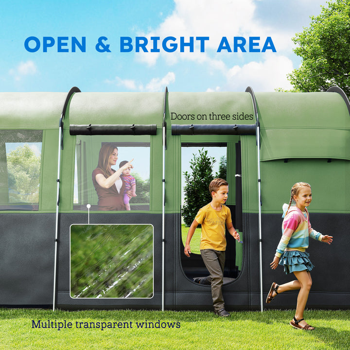 8-Person Camping Tent, Waterproof Family Tent, Tunnel Design, 4 Large Windows, Sleeping Cabins 3000mm Water Column Green