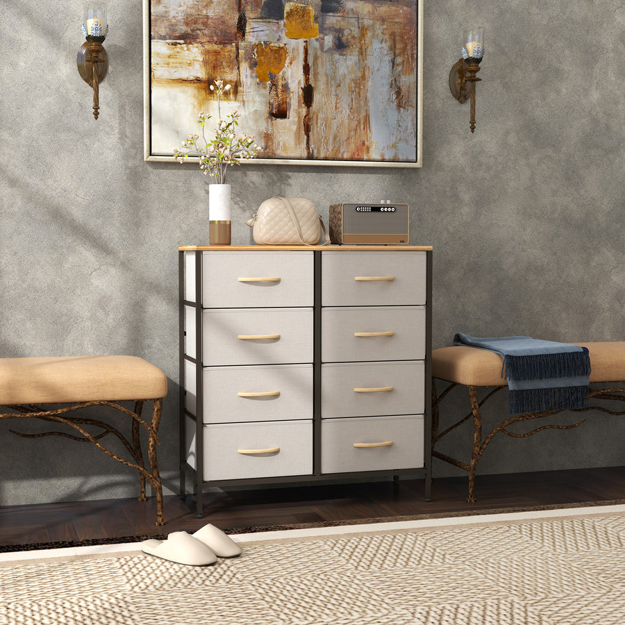 Fabric Chest of Drawers, Industrial Bedroom Dresser with 8 Fabric Drawers, Steel Frame and Wooden Top for Nursery, Living Room, Hallway, Cream White