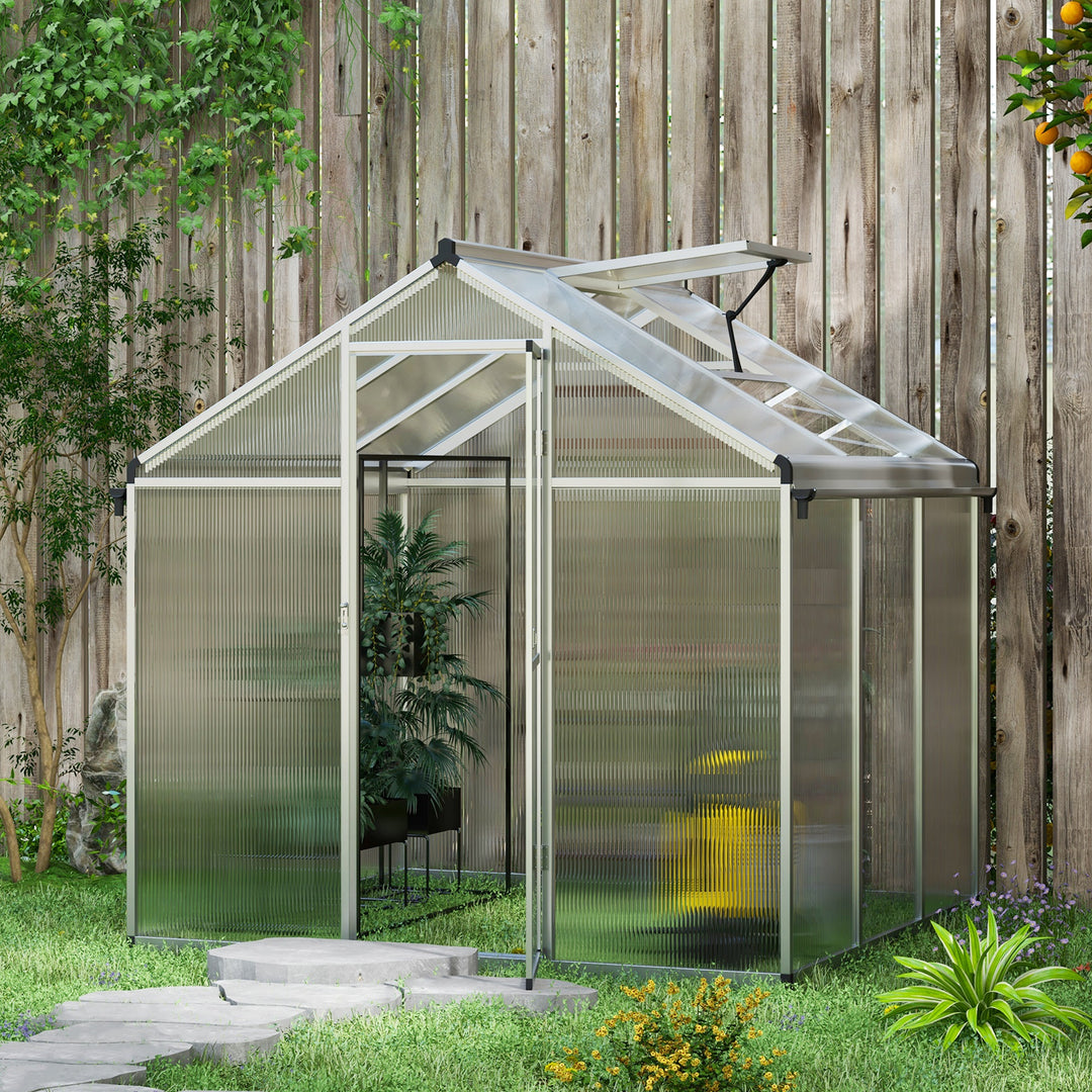 Outsunny 6 x 6ft Polycarbonate Greenhouse with Rain Gutters, Large Walk-In Green House with Window, Garden Plants Grow House with Aluminium | Aosom UK