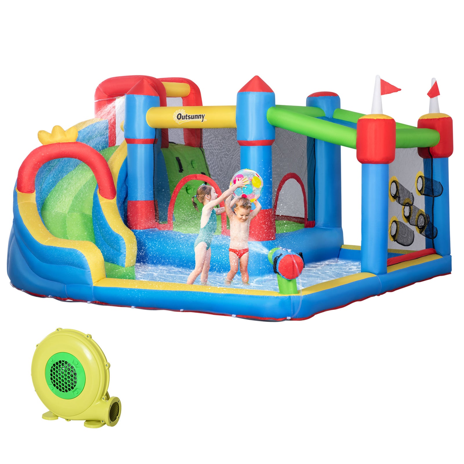6 in 1 Kids Bouncy Castle, with Water Slide, Water Gun, Climbing Wall, Air Blower for Indoors/Outdoors, 3.9 x 3 x 2m