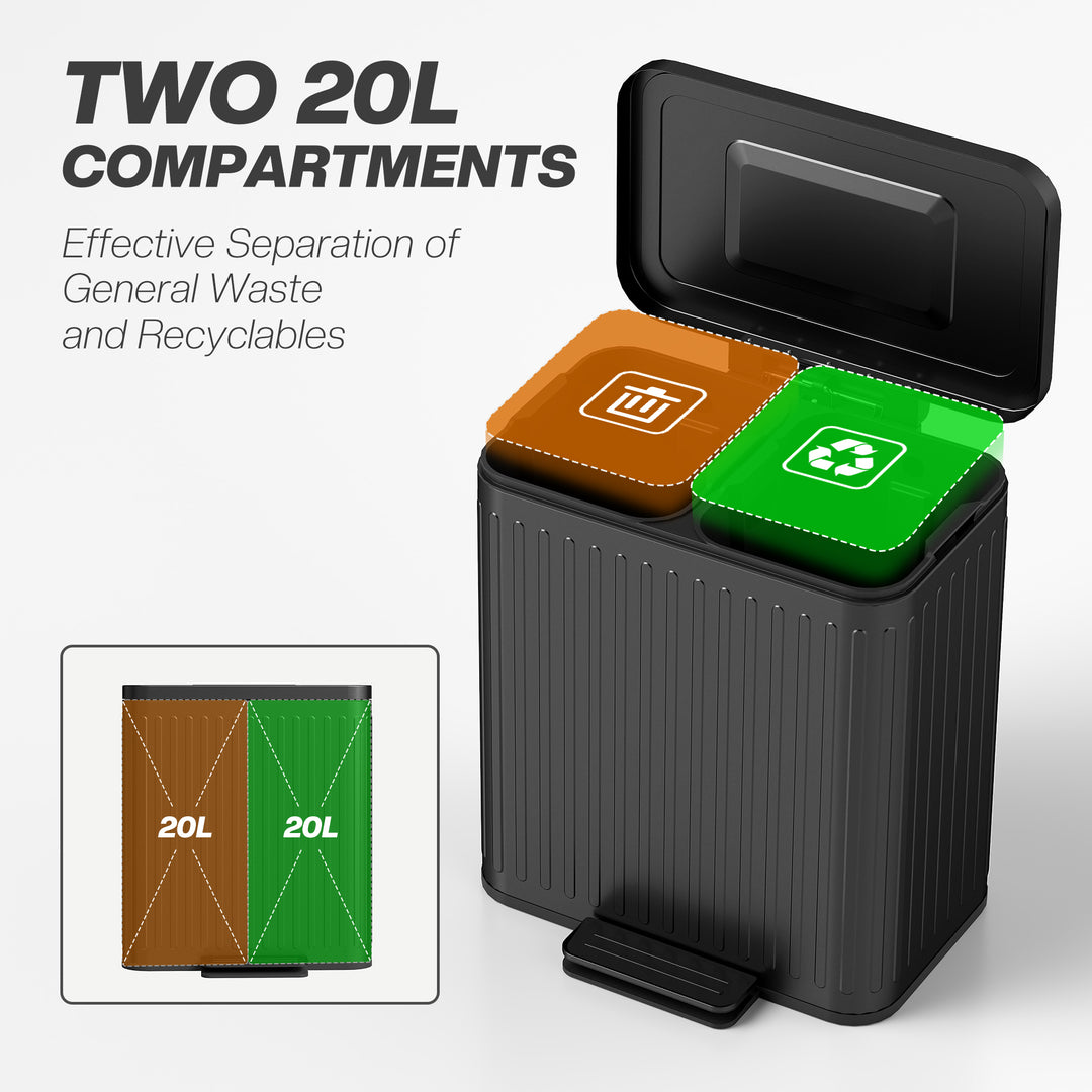 40L Dual Compartment Rubbish Bin, with Soft-Close Lid - Black
