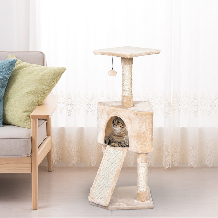 PawHut Interactive 3-Tier Cat Scratching Post: Sisal Rope and Dangle Toy for Play, Beige | Aosom UK