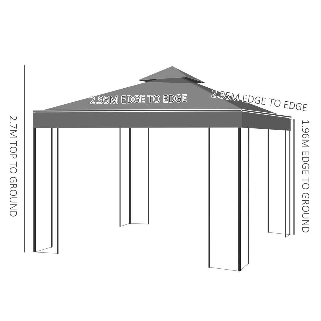 Outsunny 3 x 3m Outdoor Garden Steel Gazebo with 2 Tier Roof, Patio Canopy Marquee Patio Party Tent Canopy Shelter Vented Roof Decorative Frame