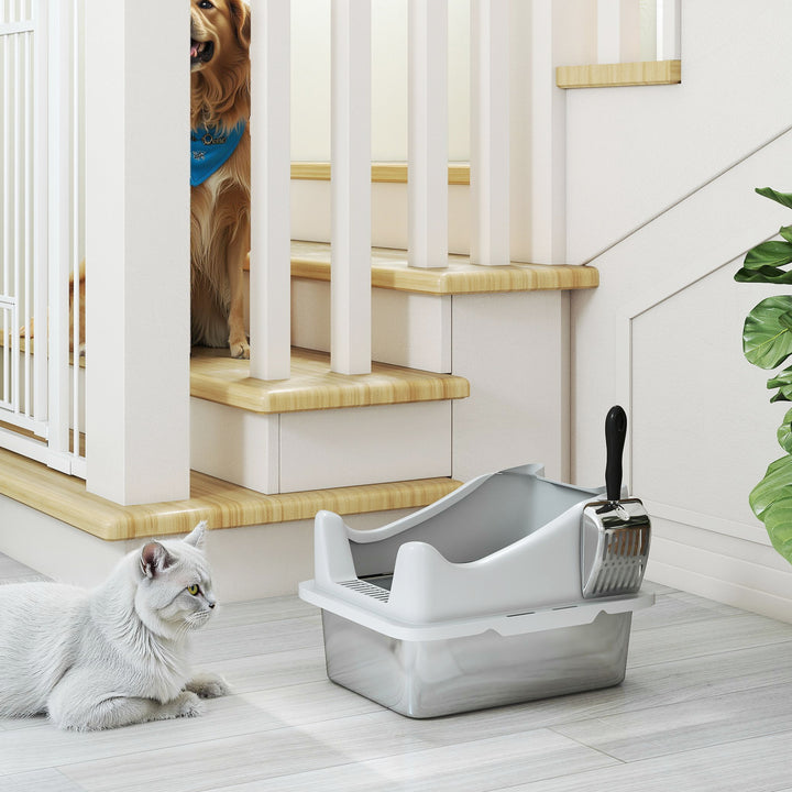 Stainless Steel Cat Litter Box with High Sides, Metal Scoop, 43 x 33 x 25 cm