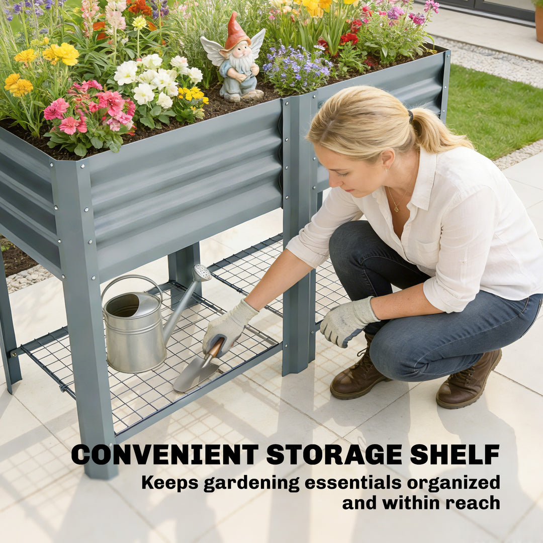 Raised Garden Bed with Storage Shelf Steel Elevated Planter Box with L