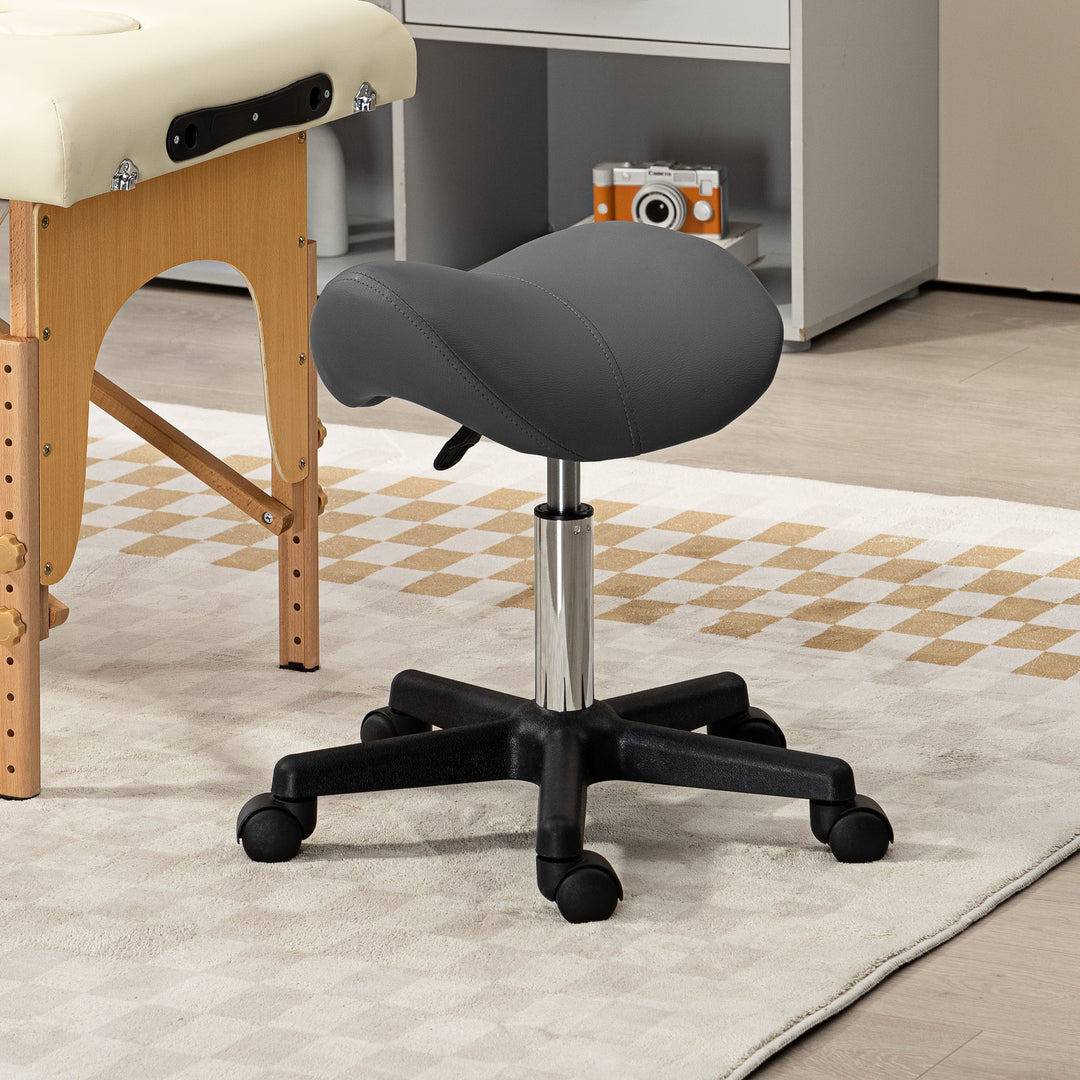 Saddle Stool, PU Leather Adjustable Rolling Salon Chair with Steel Frame for Massage, Spa, Beauty and Tattoo
