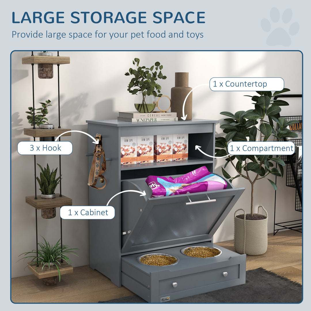 Pet Feeder Station, Dog, Cat Storage Container, with Raised Bowls, Hanger, Cabinet - Grey