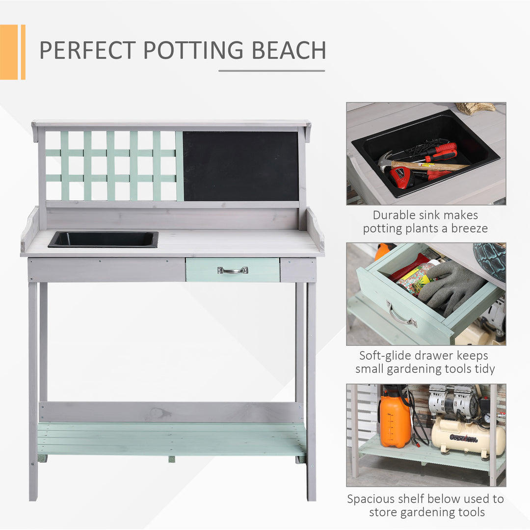 Garden Potting Table with Sink, Blackboard and Drawer, Wooden Planting Work Bench Workstation Outdoor Tool Storage Shelves