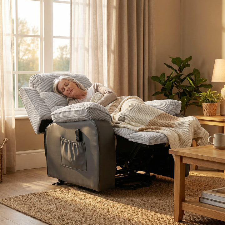 Overstuffed Corduroy Electric Lift Recliner Chair - Light Grey