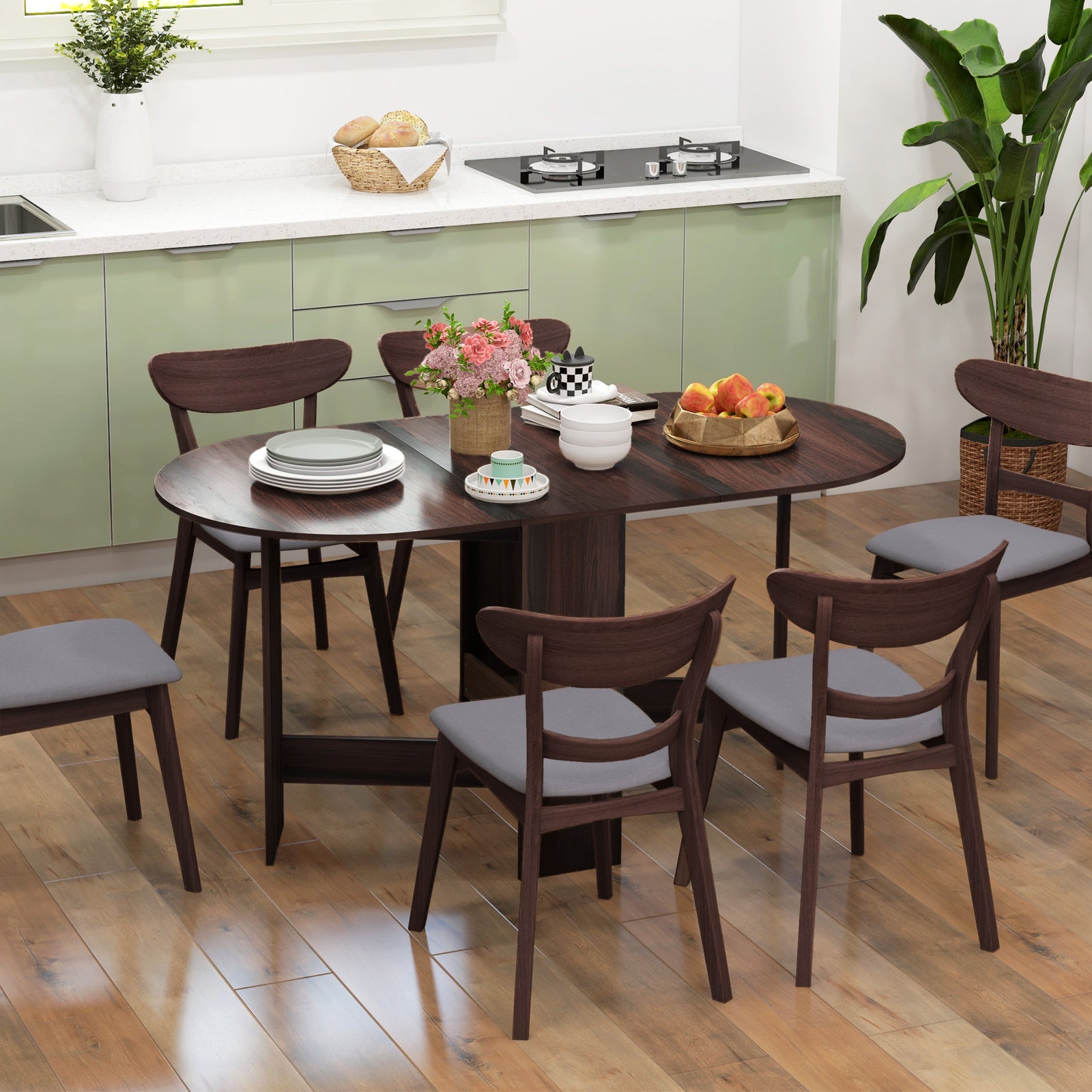 Folding Dining Table, Drop Leaf Table for Small Spaces, Oval Tabletop for Dining Room, Chocolate Wood Effect