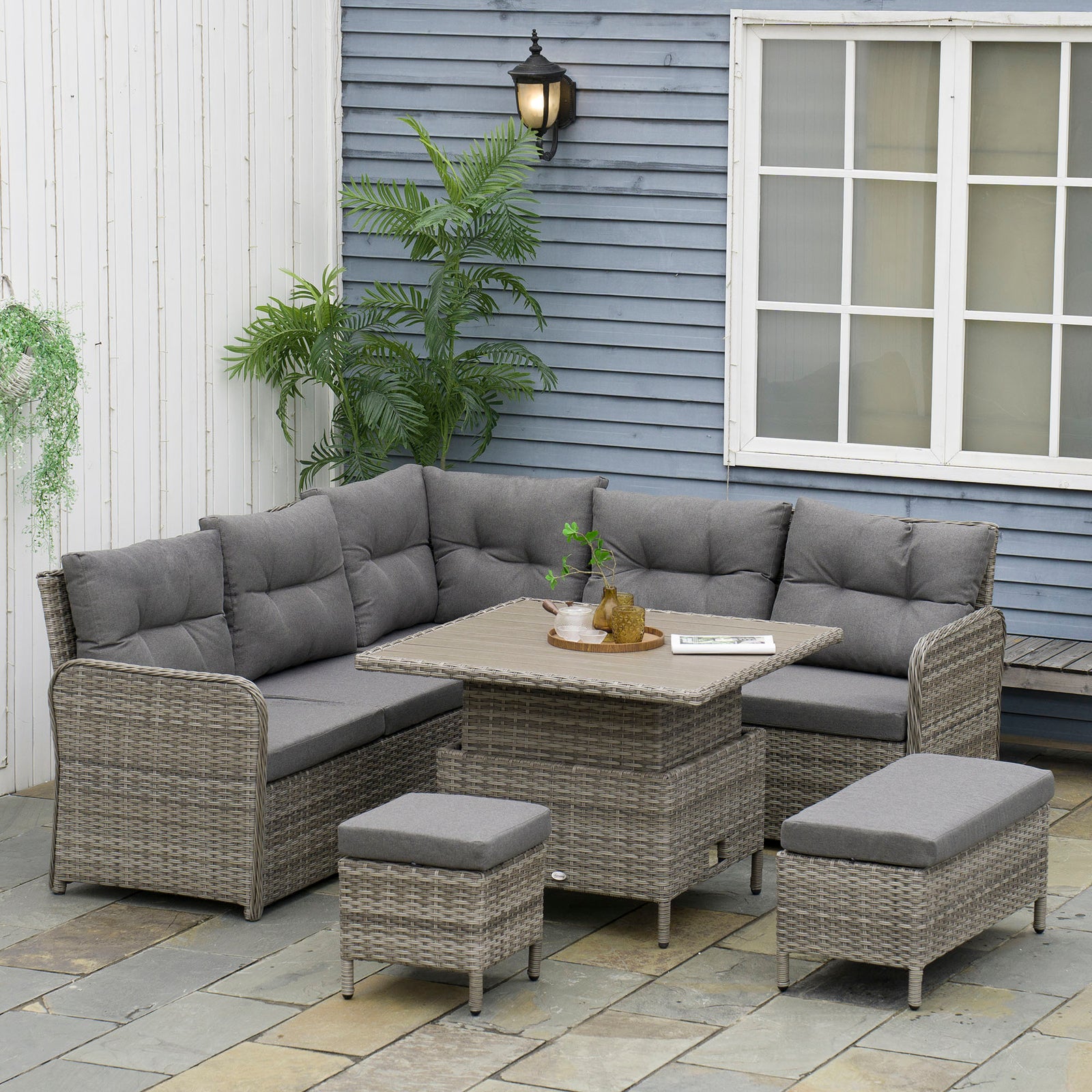 6 Pieces Outdoor PE Rattan Garden Furniture, Patio Wicker Sectional Conversation Corner Sofa w/ Soft Padded Cushion & Liftable Coffee Table, Grey