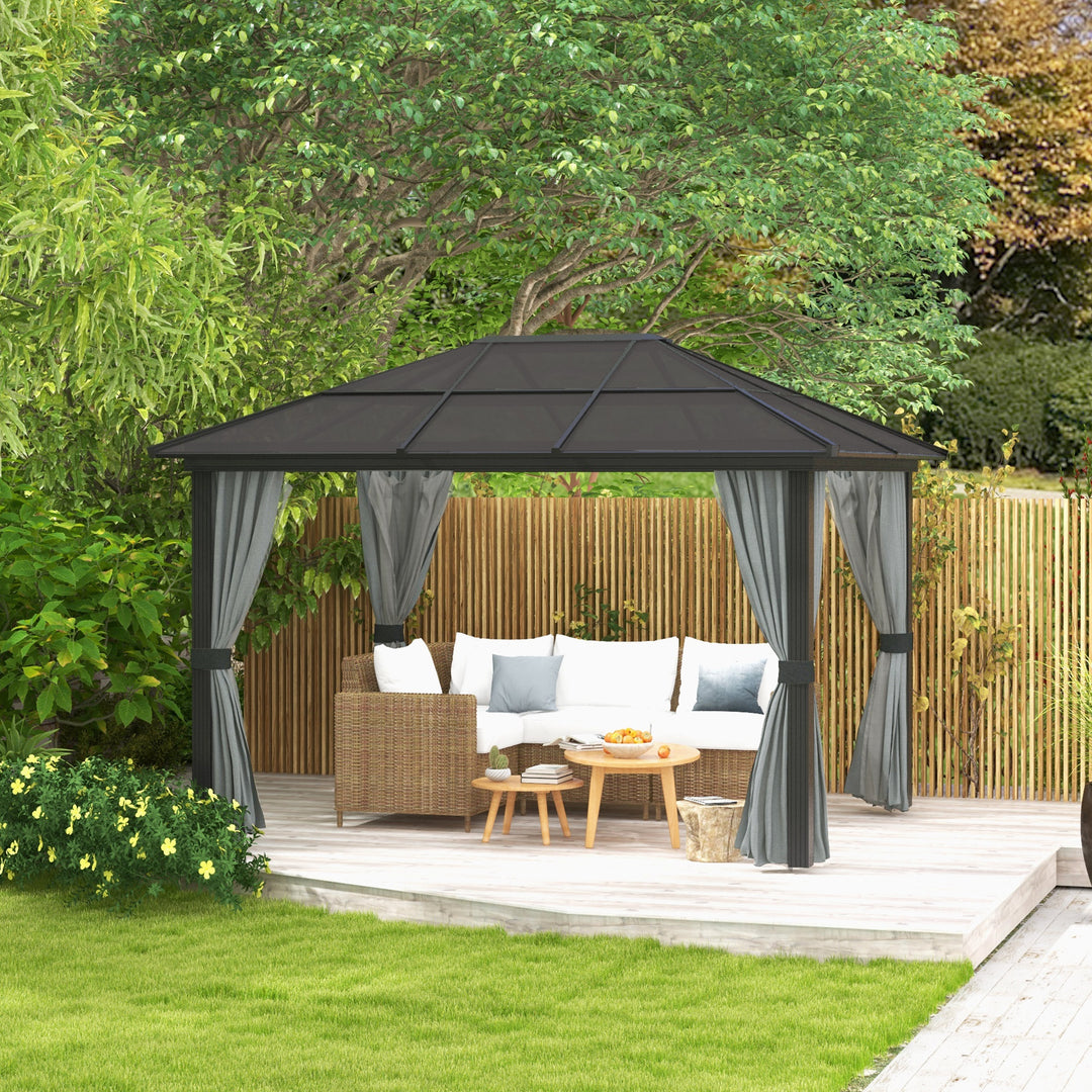 3 x 4m Hard Top Gazebo Garden Pavilion with Netting and Curtains, Polycarbonate Roof and Aluminium Frame