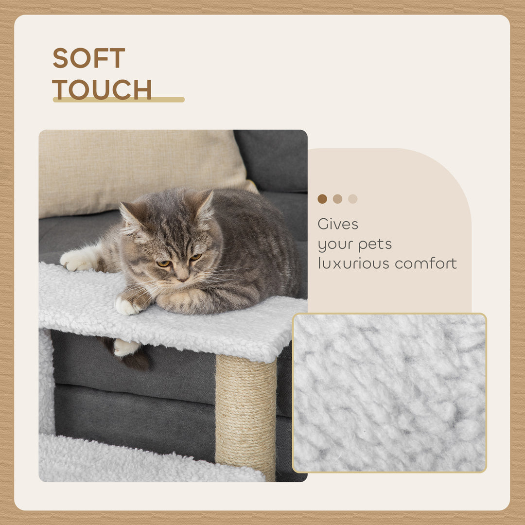 Pet Stair with 3-step Climb Ladder, Scratching Posts, Platforms, Toy Ball, for Indoor Elderly Cats Kittens, White