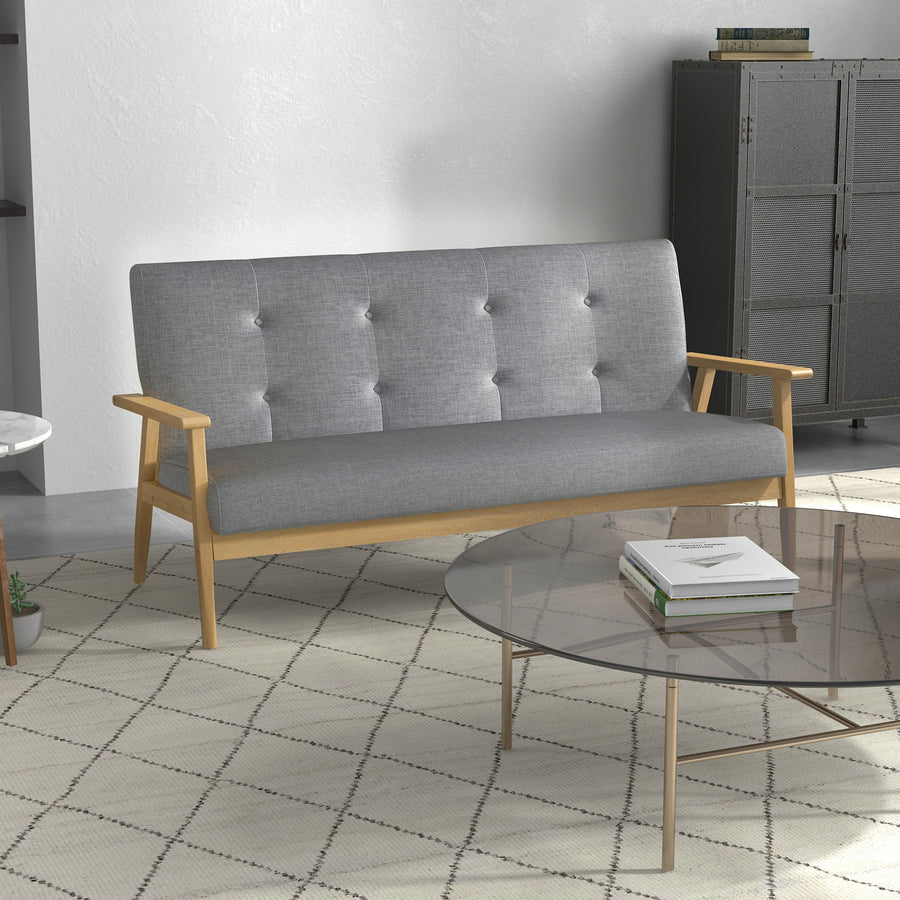 3 Seater Sofa Modern Linen Fabric Upholstery Tufted Couch with Rubberwood Legs for Living Room and Kitchen, 155cm, Dark Grey
