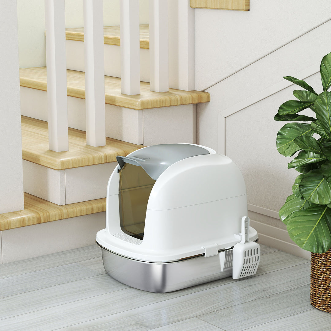 Stainless Steel Cat Litter Box with Lid, for Cats, Enclosed Cat Litter Box with Flip Cover, Scoop