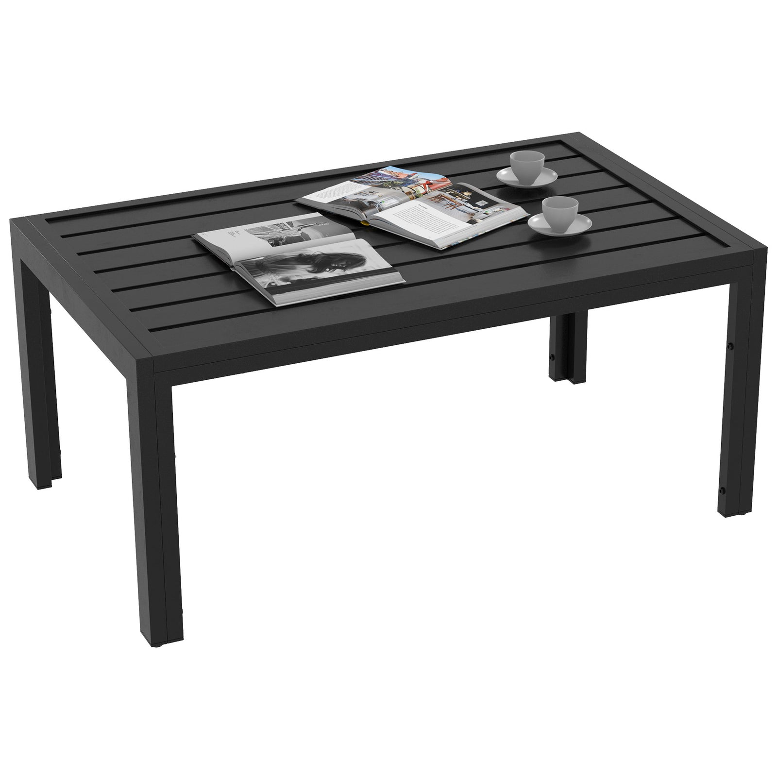 Outdoor Side Table, Rectangular Patio Coffee Side Table with Steel Frame and Slat Tabletop for Garden, Balcony, Black