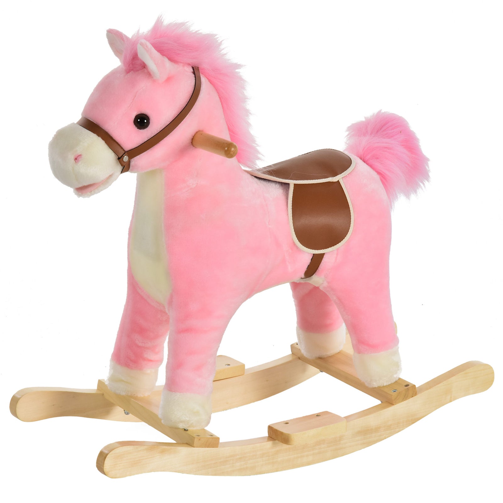 Kids Plush Rocking Horse w/ Sound Moving Mouth Wagging Tail Children Rocker Ride On Toy Gift 3-6 Years Pink