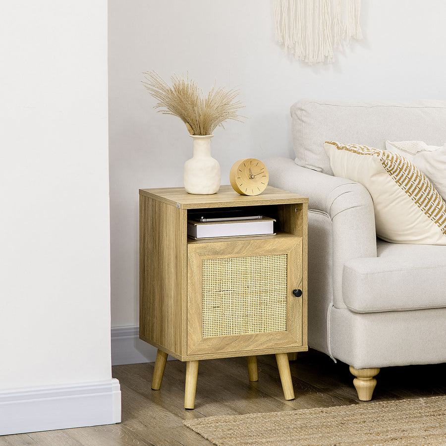 Bedside Table with Rattan Element, Side End Table with Shelf and Cupboard, 39cmx35cmx60cm, Natural