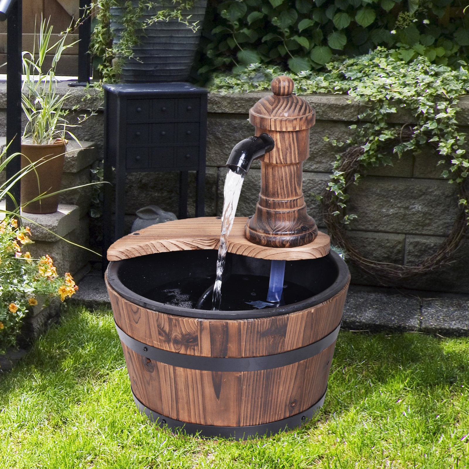 Wood Barrel Patio Water Fountain Garden Decorative Ornament Water Feature with Electric Pump (Type A)