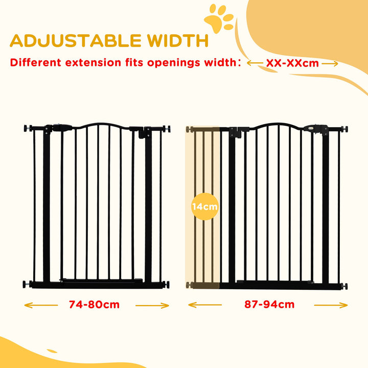 PawHut Adjustable Safety Barrier, Metal Pet Gate with Auto-Lock & No-Drill Installation, for Doorways & Stairways, 74-94cm, Black | Aosom UK