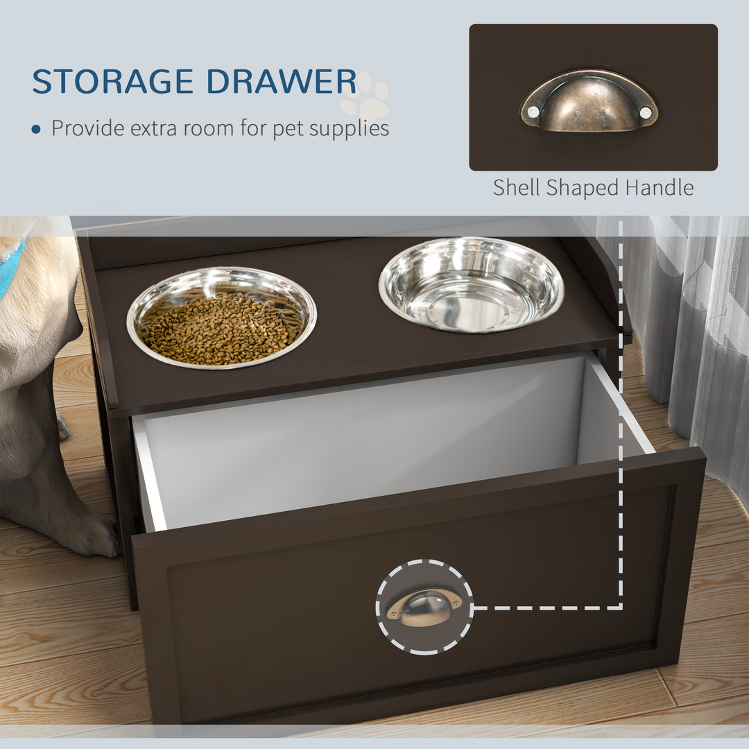 PawHut Stainless Steel Raised Dog Bowls, with 21L Storage Drawer for Large Dogs - Brown | Aosom UK