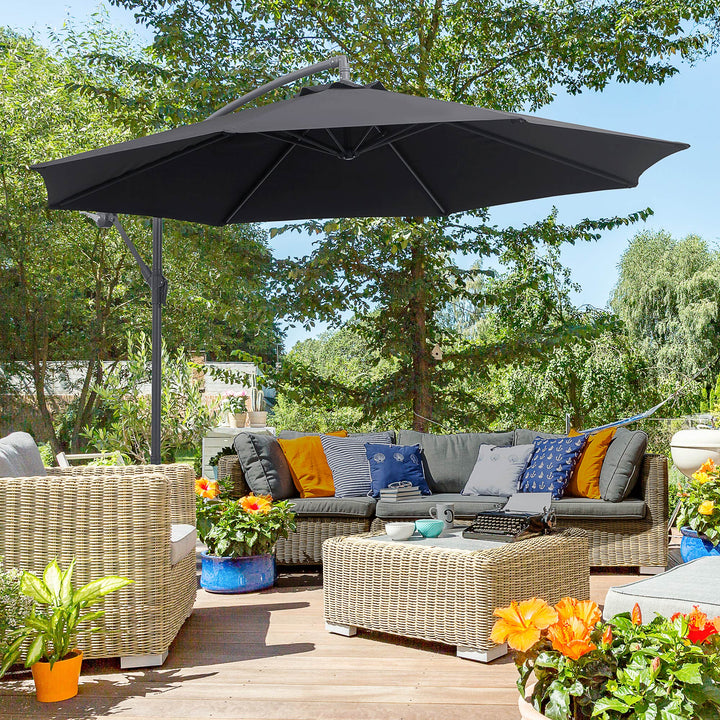 Outsunny 3(m) Garden Cantilever Parasol Patio Banana Hanging Umbrella Sun Shade with Crank & Tilt, 8 Ribs and Cross Base, Black | Aosom UK