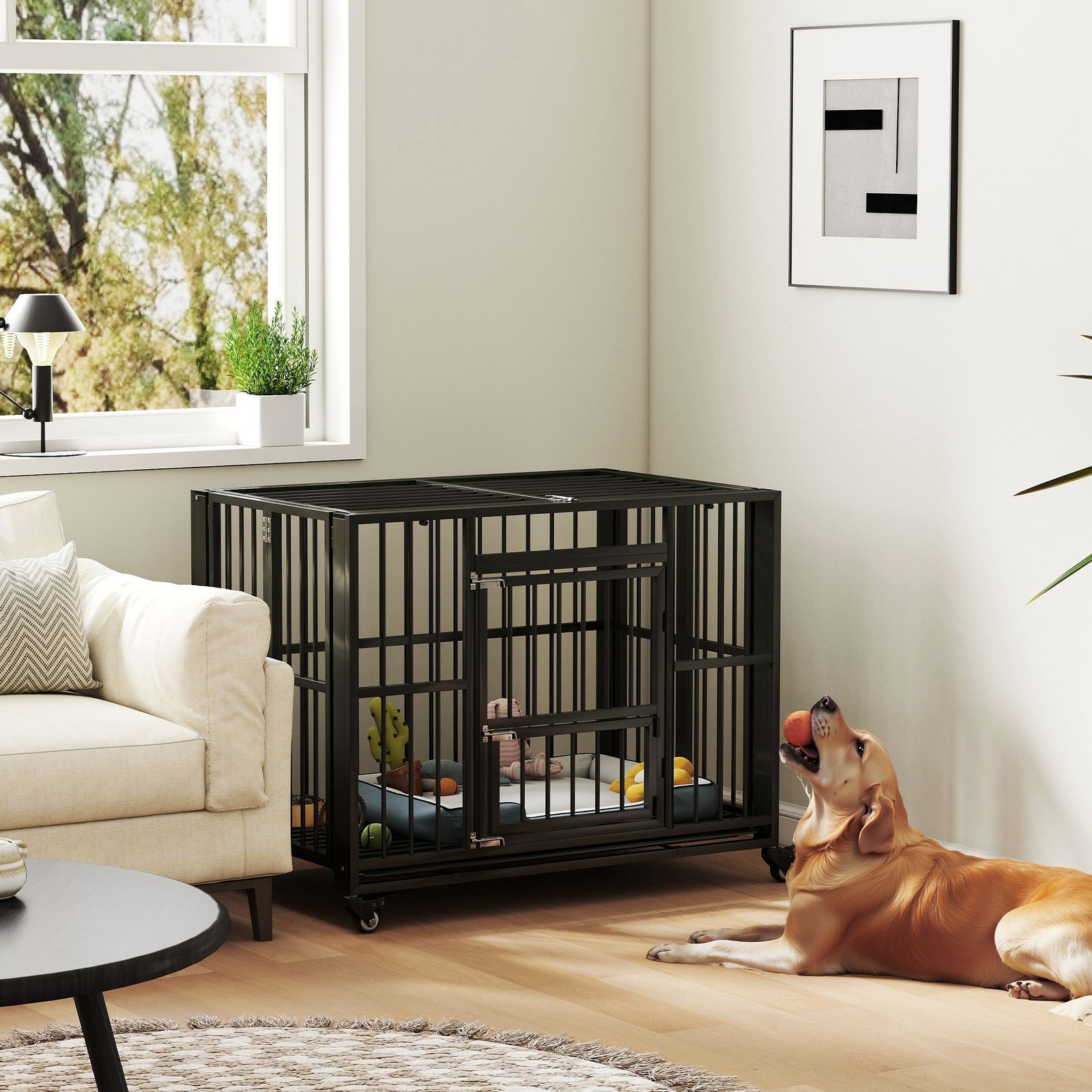 43" Heavy Duty Dog Crate, Foldable Dog Cage, with Openable Top, Locks, Removable Tray, Wheels - Black