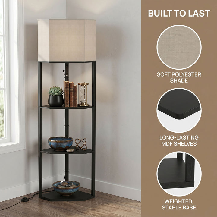 Corner Floor Lamp with Shelves and Lights, Modern Dimmable Standing La