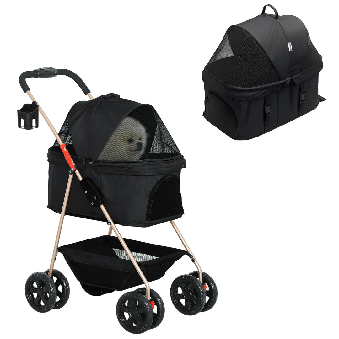 PawH 3-in-1 Pet Stroller, Folding 4 Wheel Dog Pram with Detachable Carrier for Mini Dogs, Cats, Black