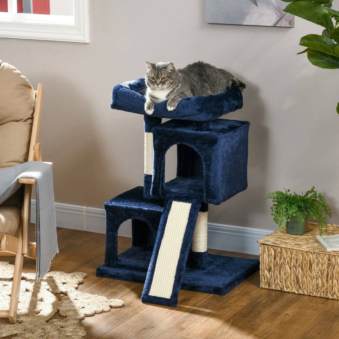 PawHut Sisal Cat Activity Tree, Rest & Play Centre with 2 Houses, Durable, Navy Blue | Aosom UK