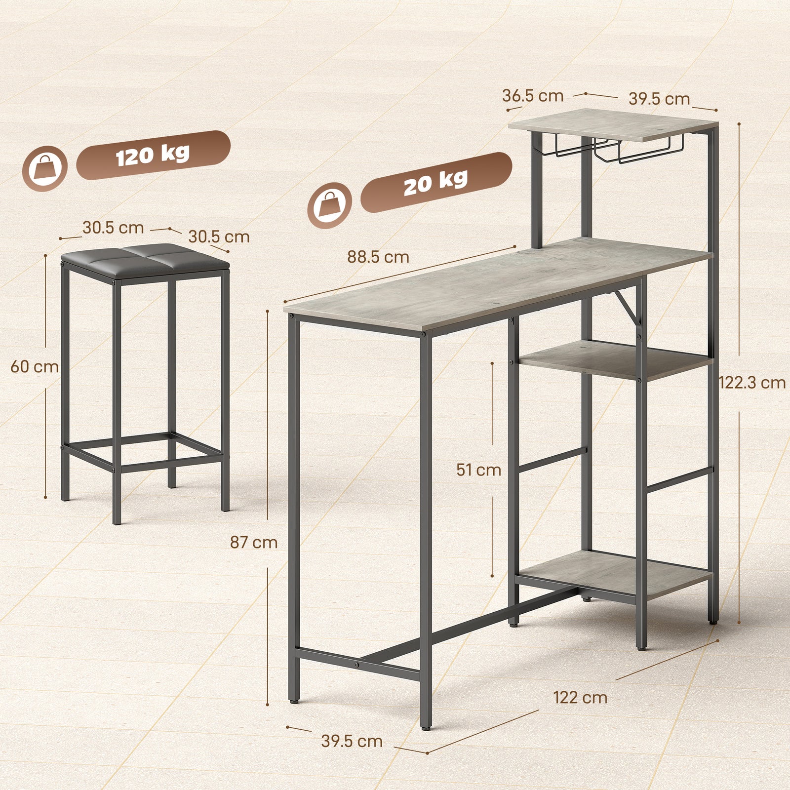 3 Piece Breakfast Bar Table and Stools Set, Washed Grey