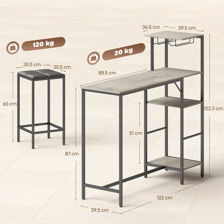 3 Piece Breakfast Bar Table and Stools Set, Washed Grey