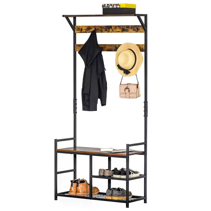 HOMCOM Coat Rack with Shoe Storage Bench, 9 Hooks Shelves for Entryway Bedroom, Brown and Black, 180cm | Aosom UK