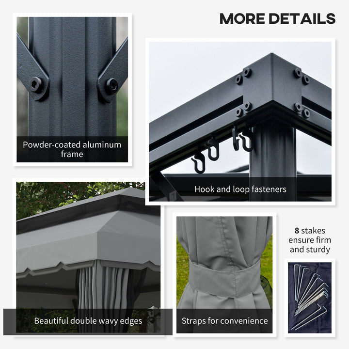 3 x 4m Aluminium Garden Gazebo, Marquee Canopy Shelter Pavilion Party Tent with Nets and Curtains for Garden and Deck, Light Grey