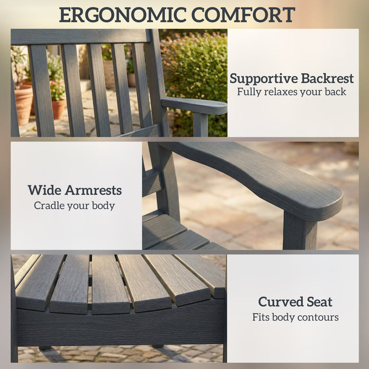 2 Seater Plastic Garden Bench, Outdoor Patio Bench with Armrest and Ba