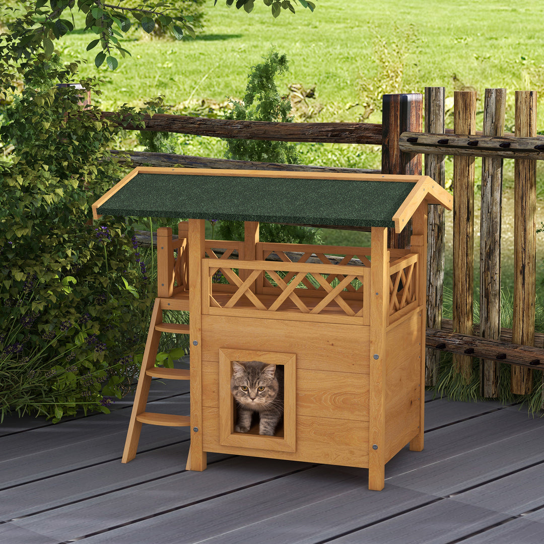 PawHut Cat House Outdoor w/ Balcony Stairs Roof, 77 x 50 x 73 cm, Natural | Aosom UK