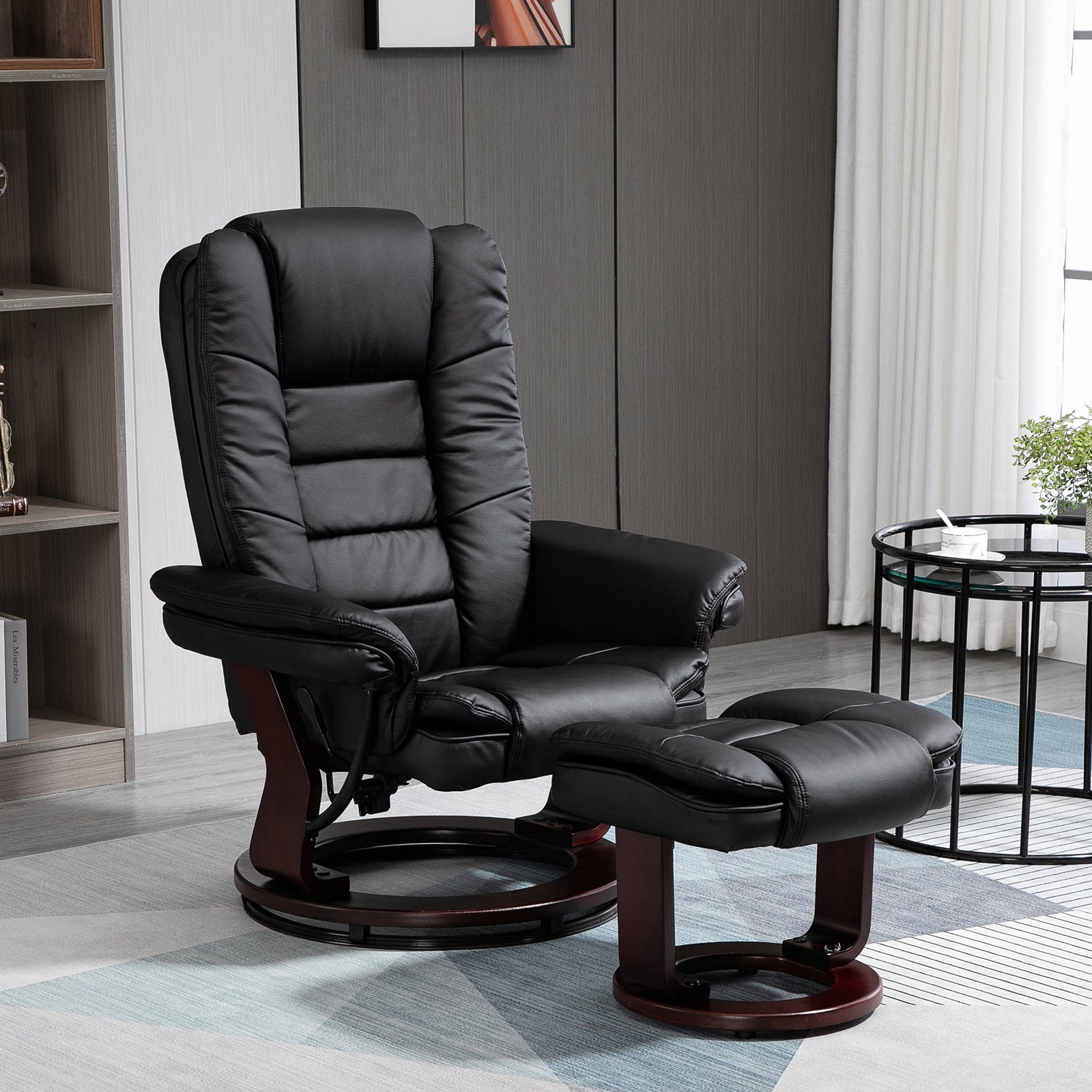 Recliner Chair With footstool, Recliner Armchair up to 130kg Weight Capacity, 135° Reclining Swivel Sofa Chair, PU Leather Ergonomic Couch Bed with Swivel Wood Base for Living Room, Black