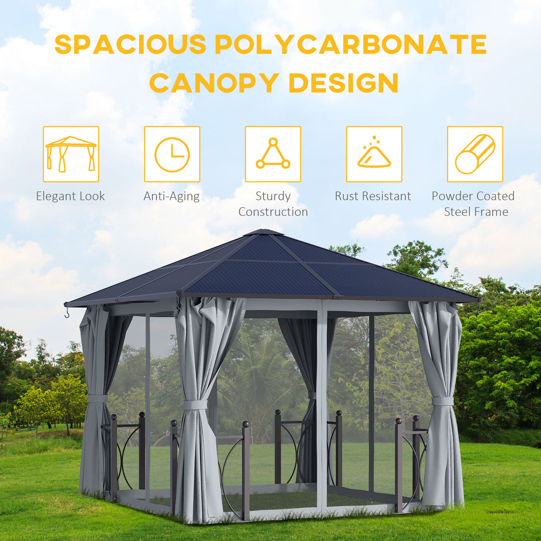 MCL 3 x 3(m) Hardtop Gazebo Canopy with Polycarbonate Roof, Steel & Aluminium Frame, Garden Pavilion with Mosquito Netting and Curtains, Black