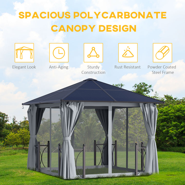 MCL 3 x 3(m) Hardtop Gazebo Canopy with Polycarbonate Roof, Steel & Aluminium Frame, Garden Pavilion with Mosquito Netting and Curtains, Black