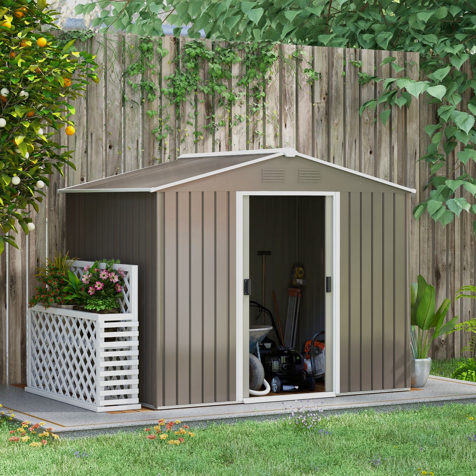 7.7 x 5.7ft Outdoor Garden Storage Shed, Metal Tool House with Ventilation and Sliding Doors, Light Grey