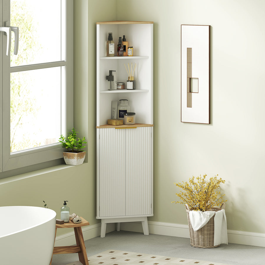 Tall Bathroom Storage Cabinet, Slim Bathroom Storage Unit with Doors and Adjustable Shelves, Freestanding Bathroom Cabinet with Curved Profile Design, White