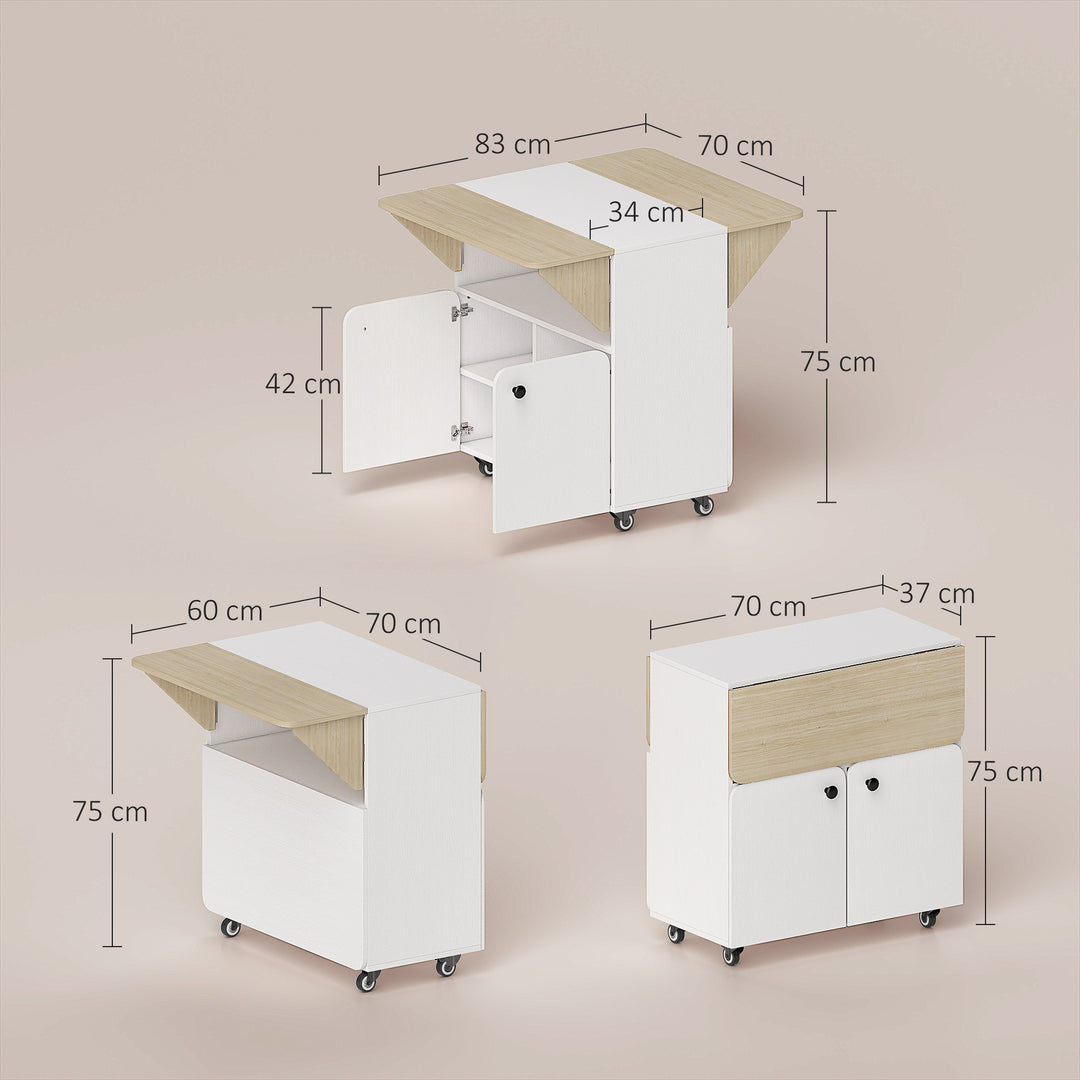 Folding Dining Table, Rolling Drop Leaf Table with Hidden Shelf &amp; Cabi