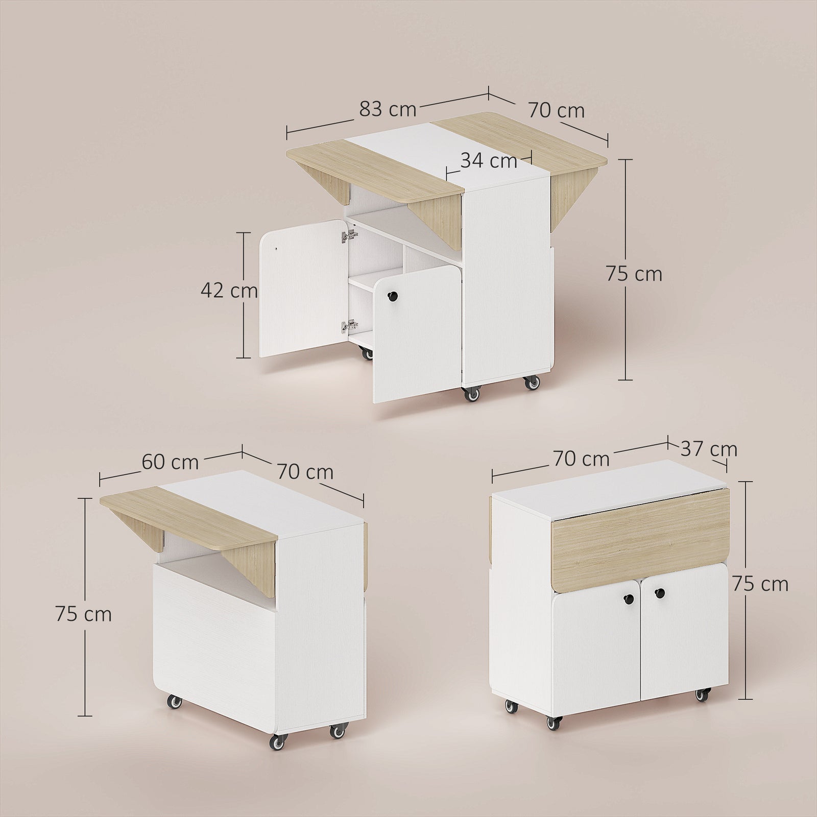Folding Dining Table, Rolling Drop Leaf Table with Hidden Shelf & Cabi