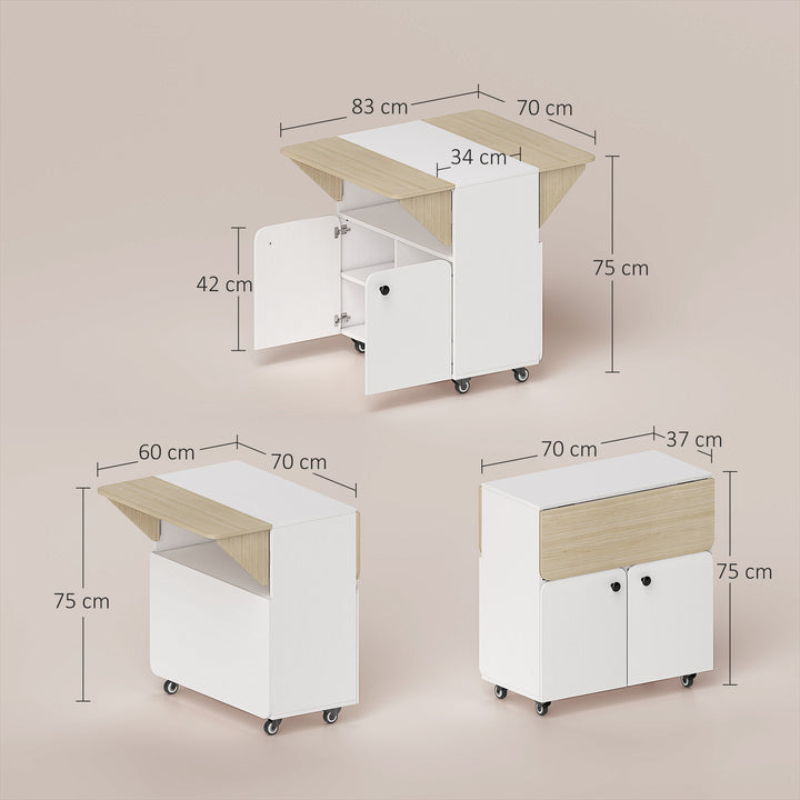 Folding Dining Table, Rolling Drop Leaf Table with Hidden Shelf &amp; Cabi
